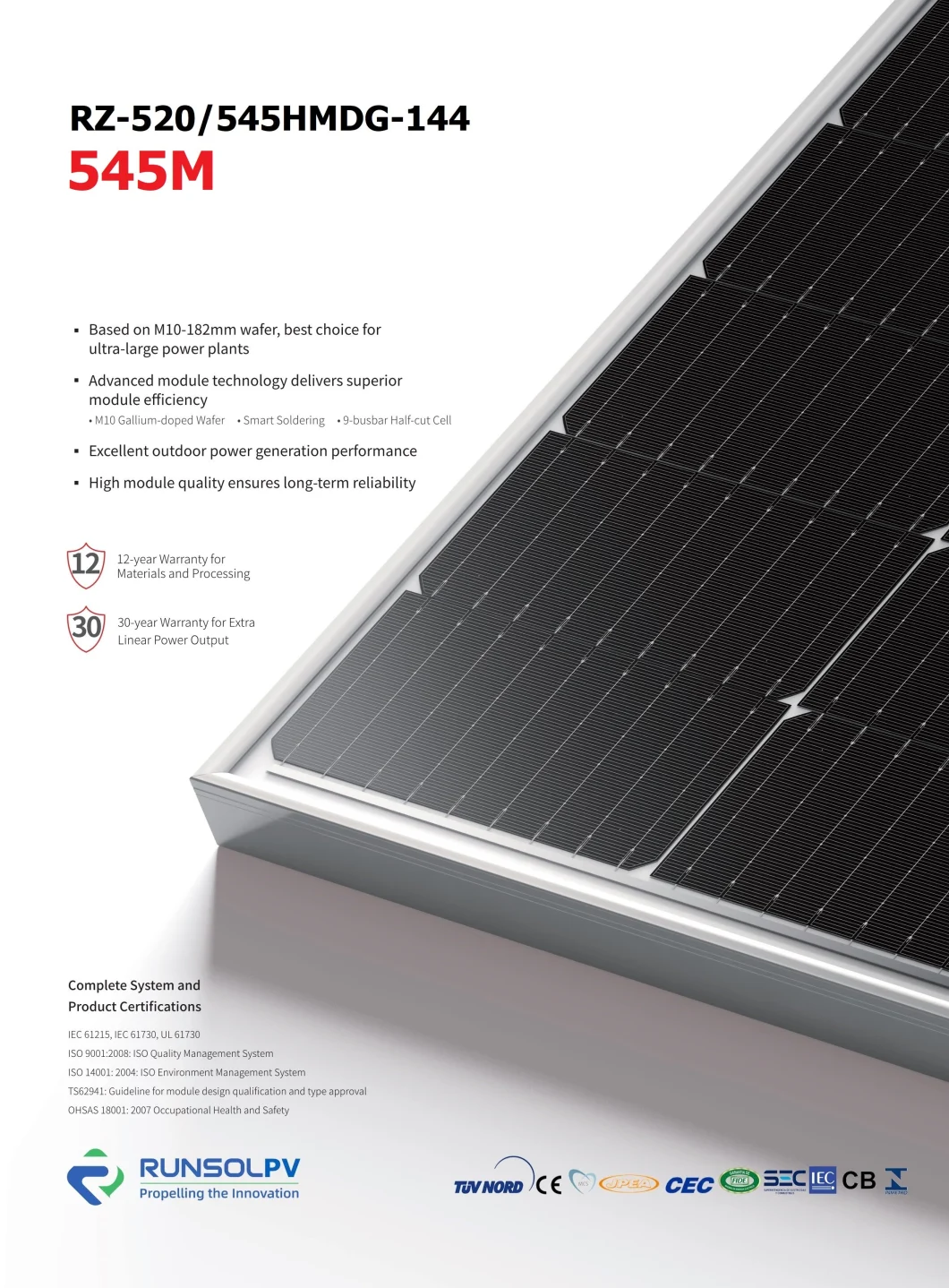 545W/540W Dual Glass Bifacial Mono Solar PV Module Panel Runsol Longi Jinko Ja Trina Ae Gcl Suntech BIPV Poland EUR Rooftop Power System TUV UL Inmetro Mcs SGS